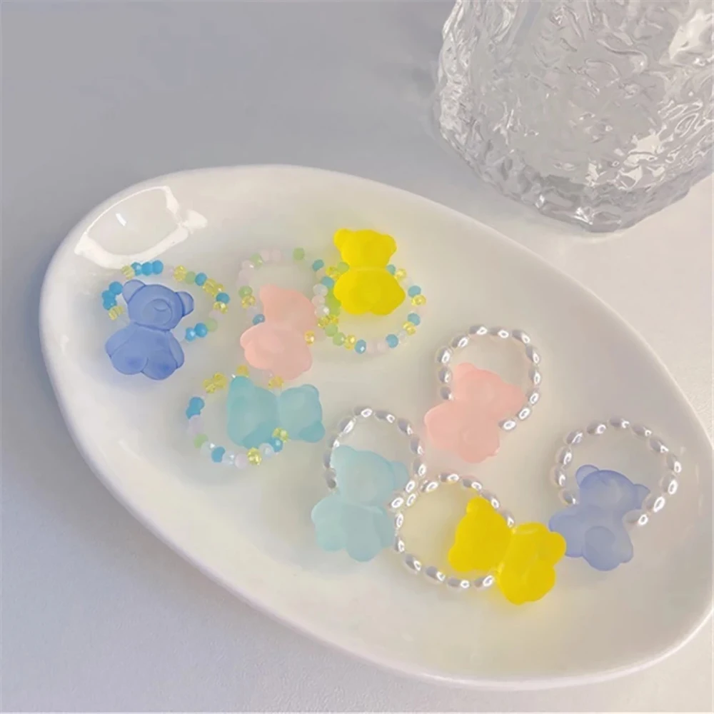 

Ghidbk New Trendy Colorful Crystal Beaded Pearl Transparent Resin Cute Bear Rings For Women Girls Simple Party Travel Rings Gift