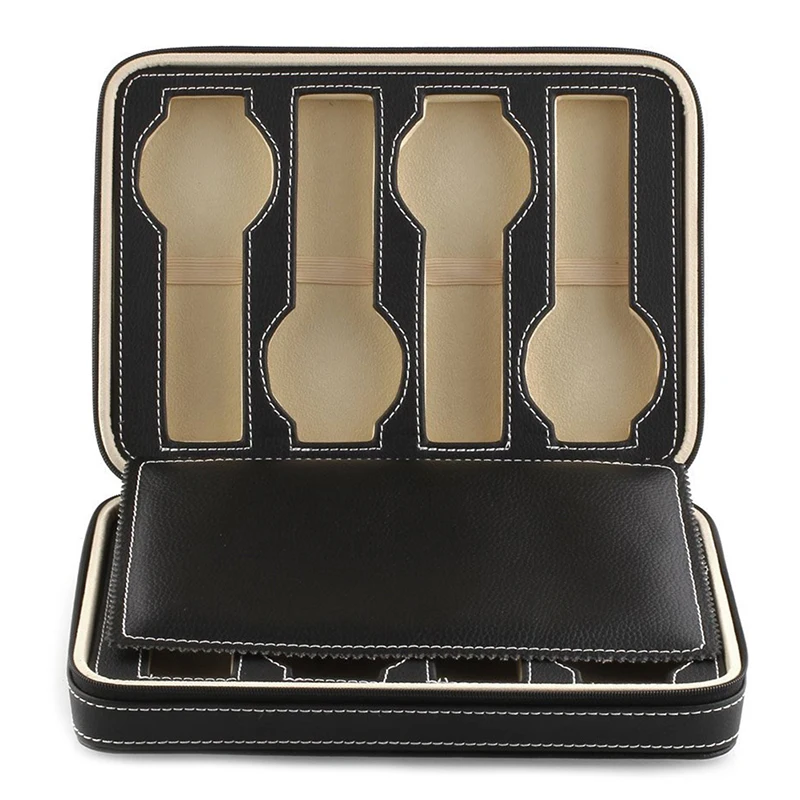 

8 решеток, чехол для хранения часов, лоток на молнии, чехол для коллектора часов из искусственной кожи, черный цвет
