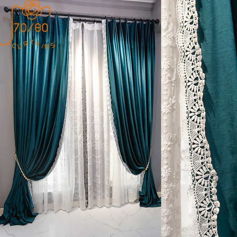 2021 New Light Luxury Pure Color Velvet Lace Stitching Blackout Curtains for Living Room and Bedroom Customized Products