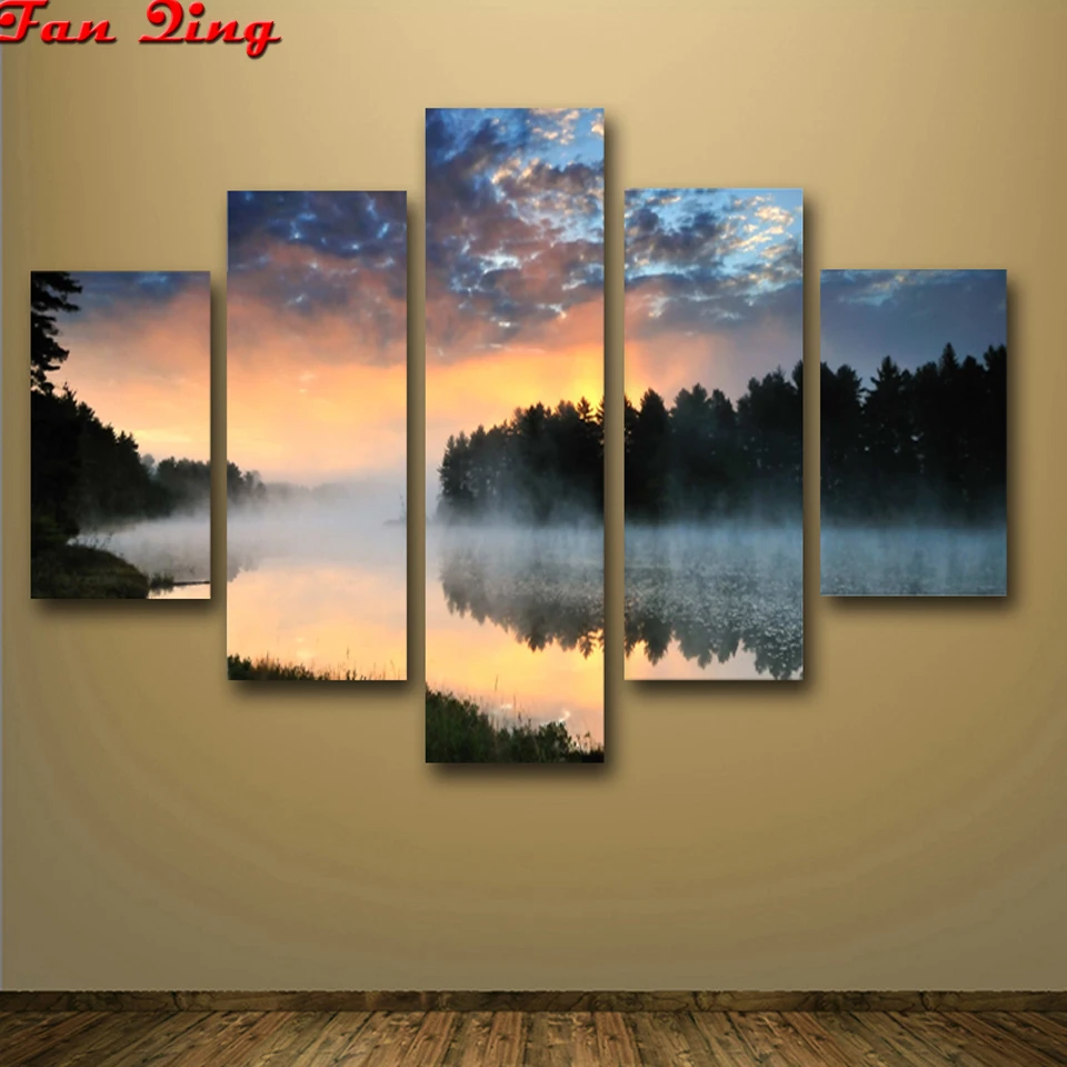 

5pcs Diamond painting Forest sunrise landscape Diamond embroidery Diy square/round rhinestone pasted Crafts home decor