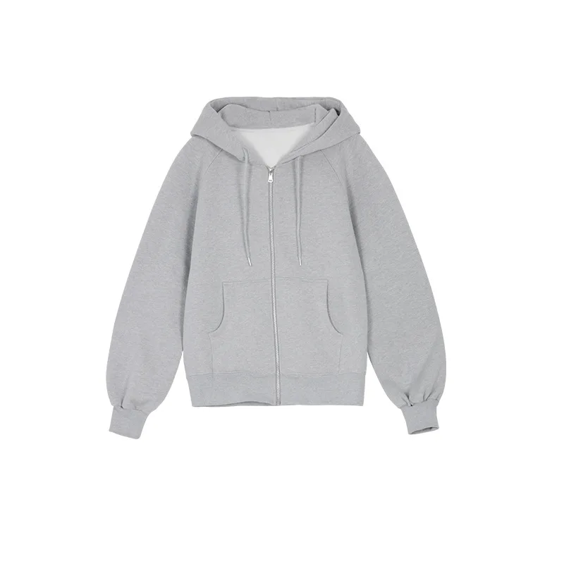 

DEAT 2021 New Spring Fashion Casual Solid Color Grey Simple Loose Pullover Drawstring Plush Hooded Sweatshirt Women SH478