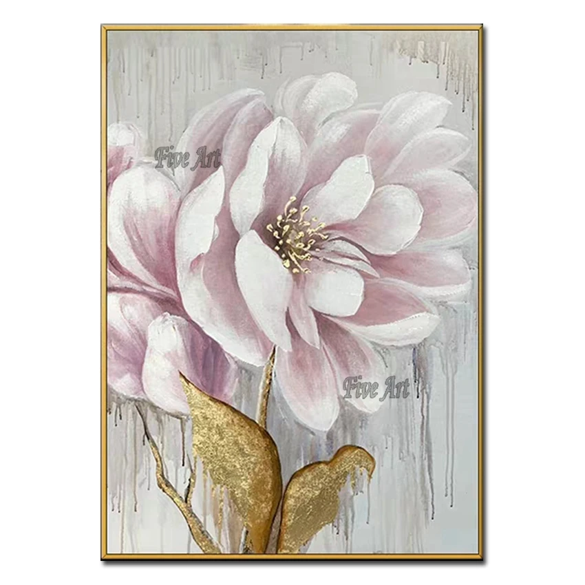 

Abstract Lotus Flower Picture Canvas Art Unframed Real Hand-painted Gold Foil Texture Floral Oil Painting Wall Decor Art Cheap