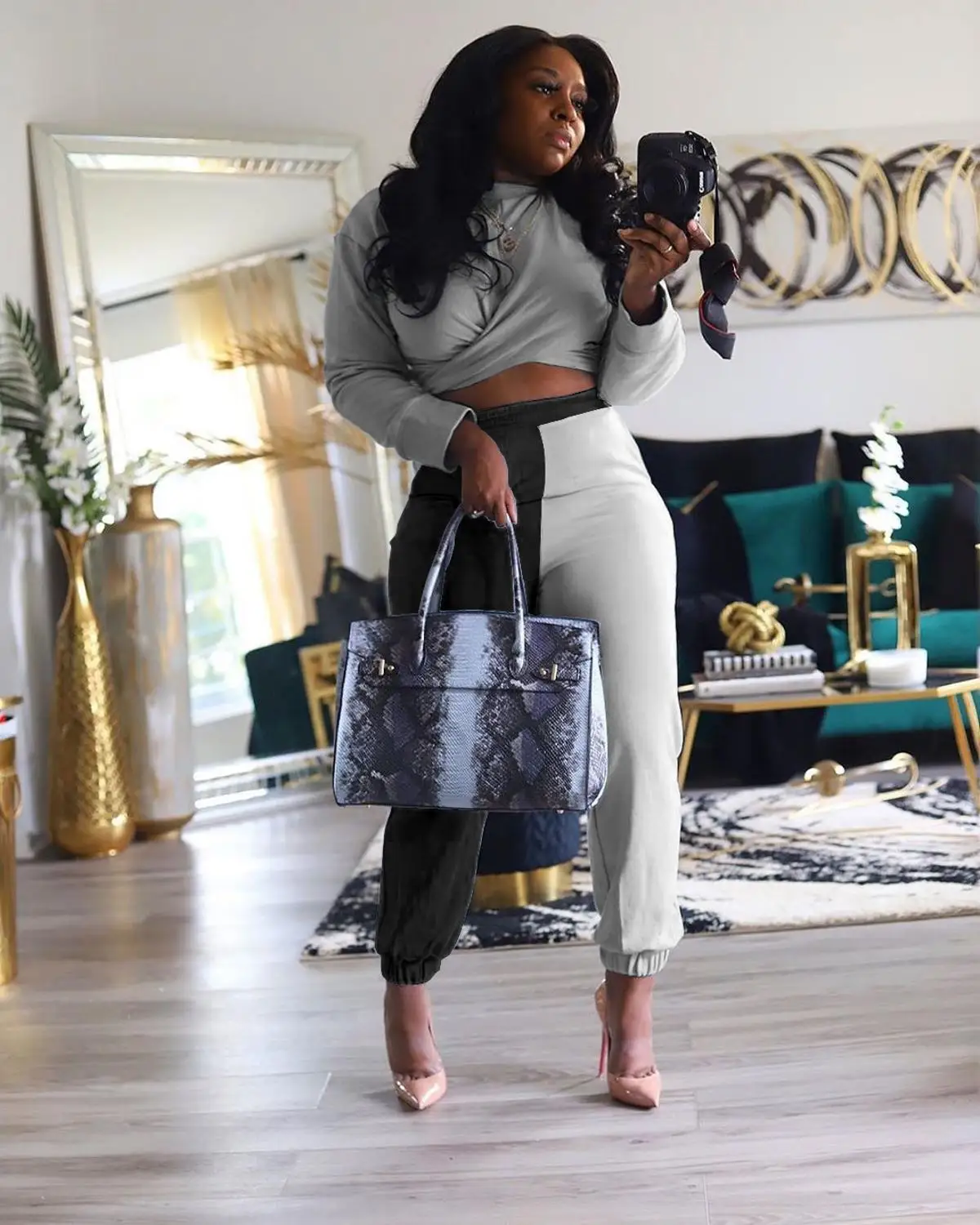 

Women Ribbed Colorblock Two Piece Outfits Suits Long Sleeve O Neck Shirt & Bodycon Pants Set 2020 Wholesale Fall Clothing