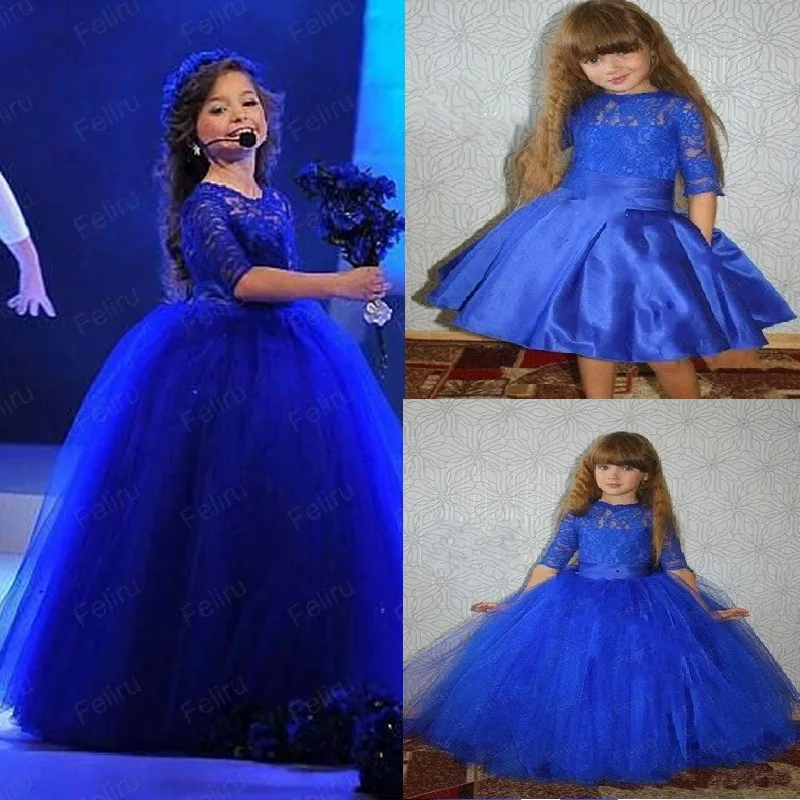 Ярко голубое кружевное платье с рукавами до локтей для девочек пышные платья