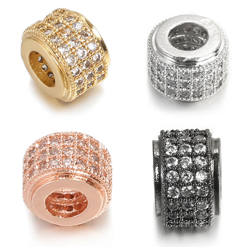 

4pcs/lot Fashion Metal Brass Micro Pave Crystal CZ Cylinder Round Spacer Beads for Men Bracelet Making DIY Jewelry Accessories