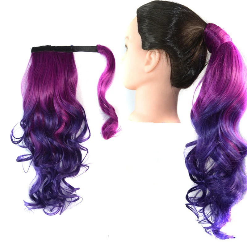 Long Body Synthetic Wavy Ponytail Hairpiece Wrap Around Clip on Hair Extensions Ombre Pink Green Pony Tail For Fack Hair 22 inch