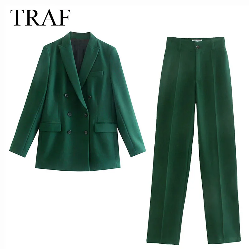 TRAF 2022 Trouser Suits Classic Simple Solid Double Breasted Jacket Office Wear High Waist Pants 2 Piece Sets Womens Outfits