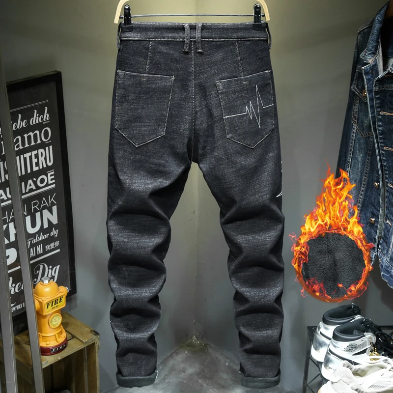 Мужские уличные брюки зимние плотные теплые простые облегающие джинсы-шаровары
