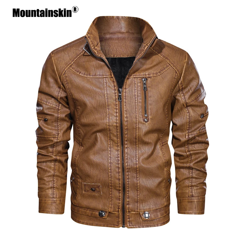 Mountainskin Winter Leather Jacket Men Stand Collar Motorcycle Washed Retro Velour Leather Jackets Euro Size Mens Coats SA895
