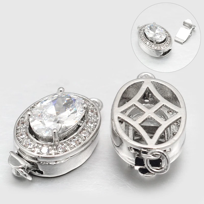 

10Set Eco-Friendly Vacuum Plating & Long-Lasting Plated Brass Micro Pave Cubic Zirconia Box Clasps Oval 21x12x8mm Hole: 1.5mm