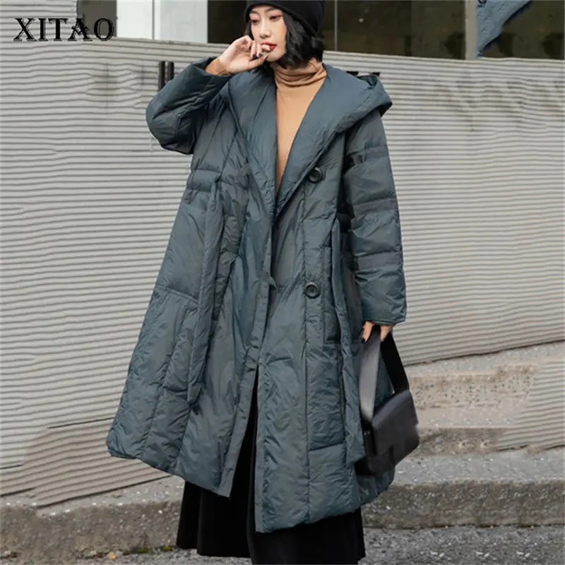 

XITAO Vintage Loose Down Coats Solid Color All-match Hooded Collar Draw Back Lacing Big Pocket Mid-length Women WMD4314