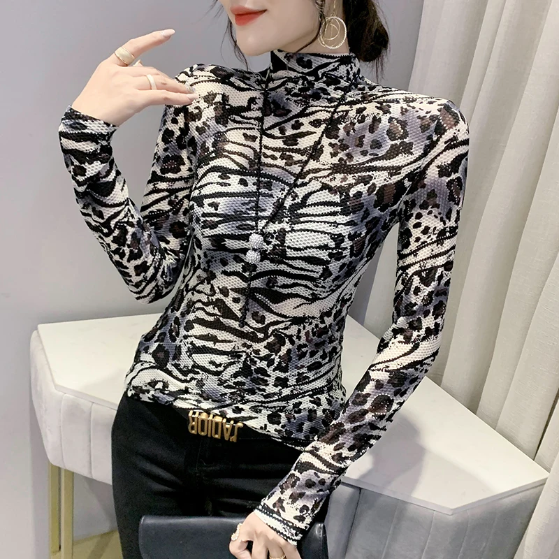 

Fall Winter European Clothes T-Shirt Fashion Sexy Print With Necklace Women Tops Long Sleeve All Match Tees New