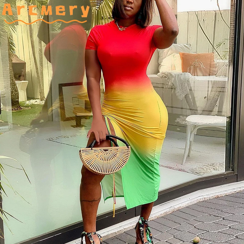 

Women Short Sleevele Color Block Printed Pleated Bodycon Dress