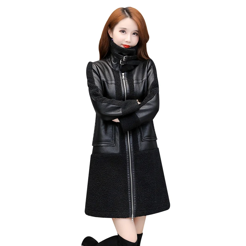Women Leather Coat Autumn Winter Fashion Thicken Warm Jacket Flocking Sheepskin Suede Overcoat Mid-length Outerwear Female