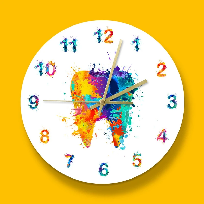 

NEW-Watercolour Wall Clock Tooth Painting Print Clinic Wall Art Non Ticking Wall Watch Orthodontist Dentist