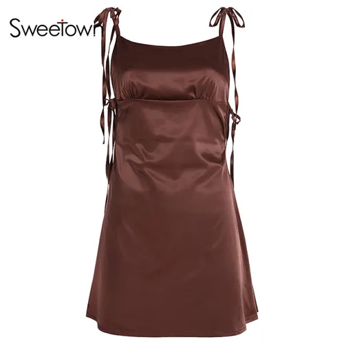brown Sweetown Спагетти ремень атласное нарядное платье Пляжная одежда открытое Бандажное летнее платье сексуальные Клубные платья Женская праздничная одежда - Цвет: brown
