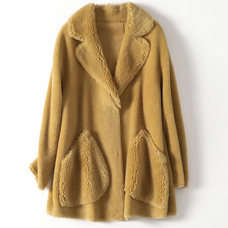 Autumn Lady Beige Plus Size Sheep Genuine Fur Thick Warm Fur Outwear Winter Lapel New Loose Wool Mid Length Women Office Coat