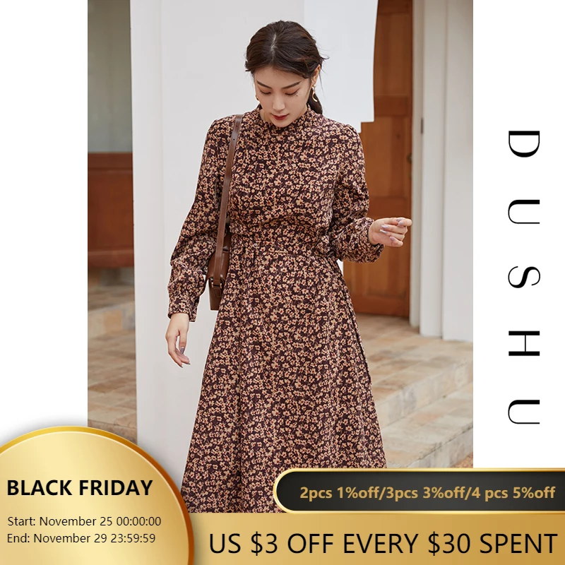 

DUSHU Plus Size Corduroy Floral Print Long Dress Women Long Sleeve Belt Office Elegant Dress Autumn Winter Slim Vintage Dress