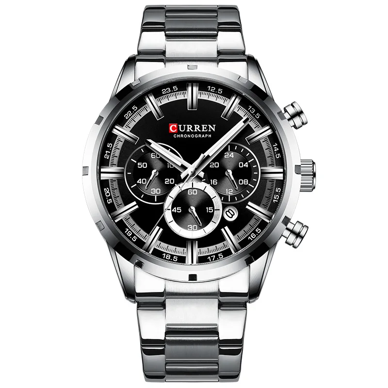 Silver Black CURREN, деловые мужские часы,, роскошный бренд, нержавеющая сталь, наручные часы, хронограф, армейские часы, мужские часы, Relogio Masculino - Цвет: Silver Black
