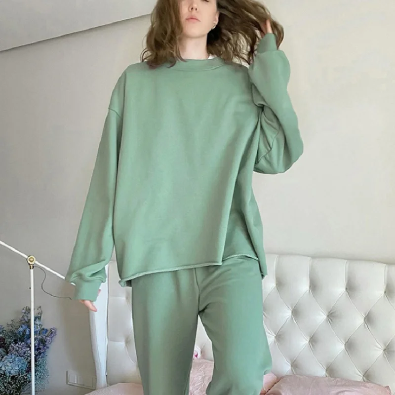 

New Casual Solid 2 Piece Set Women Batwing Long Sleeve Pullover Sweatshirt Elastic Waist Full Length Straight Pants Set Lady