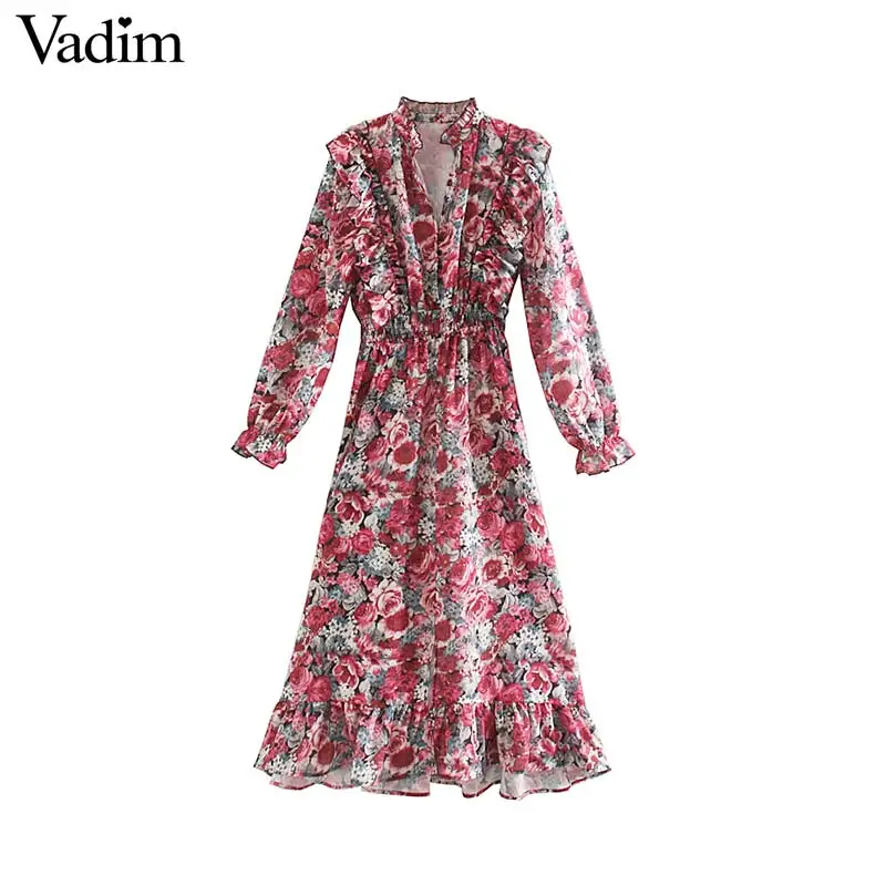 Женское элегантное платье vadim миди с цветочным принтом и оборками эластичной