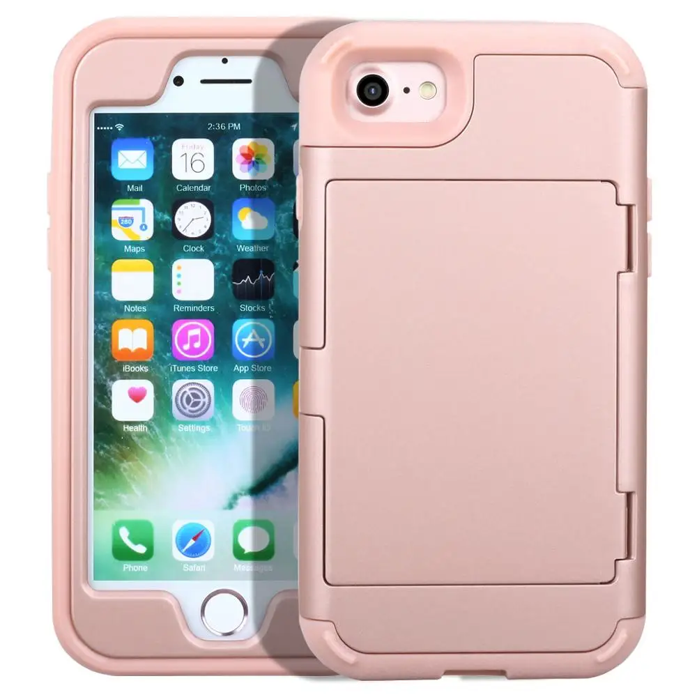 Rose Gold Чехлы для телефонов для iPhone 8, 7, 6s Plus, армированный скользящий держатель для карт, слот для макияжа, роскошный Твердый Чехол для мобильного телефона для iPhone 6, 6s Plus - Цвет: Rose Gold