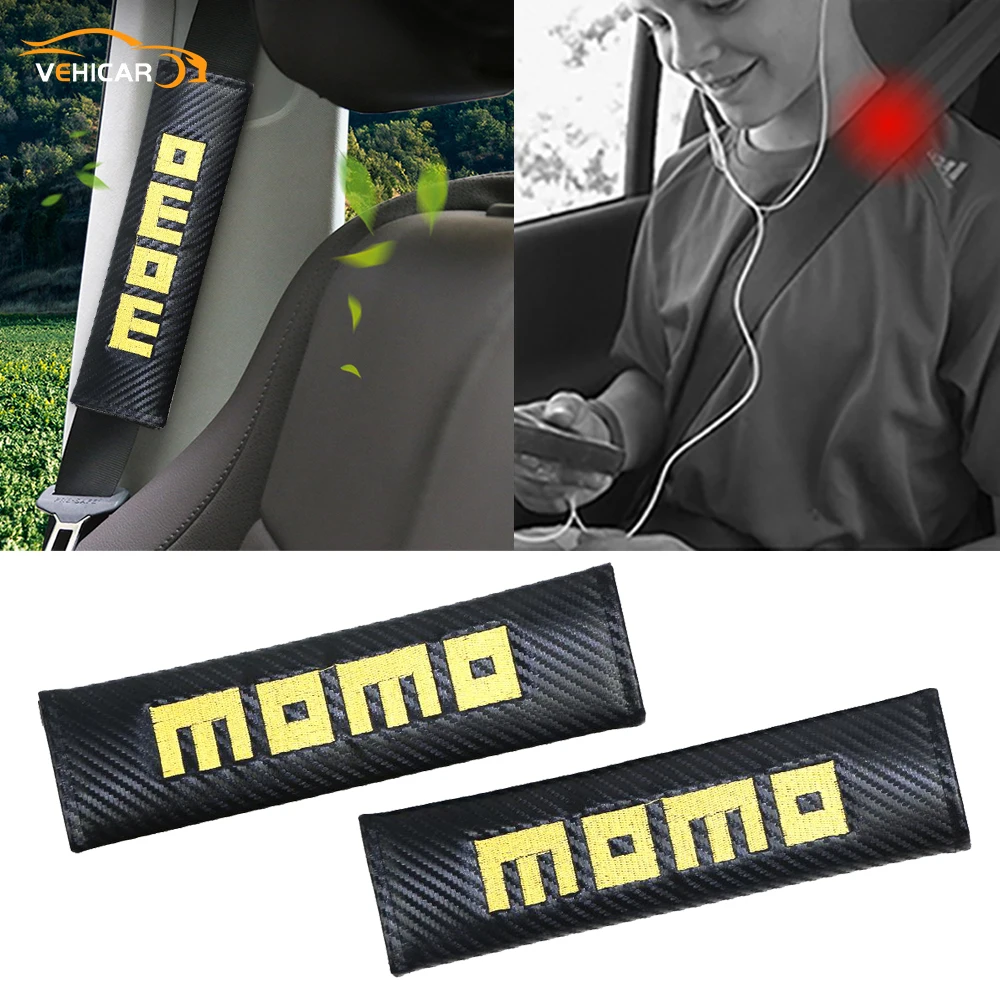 

VEHICAR 2PCS Carbon Fibe Car Safety Belt Cover Momo Car Logo Knitting Shoulder Protector Car Seat Belt Pads Accessories