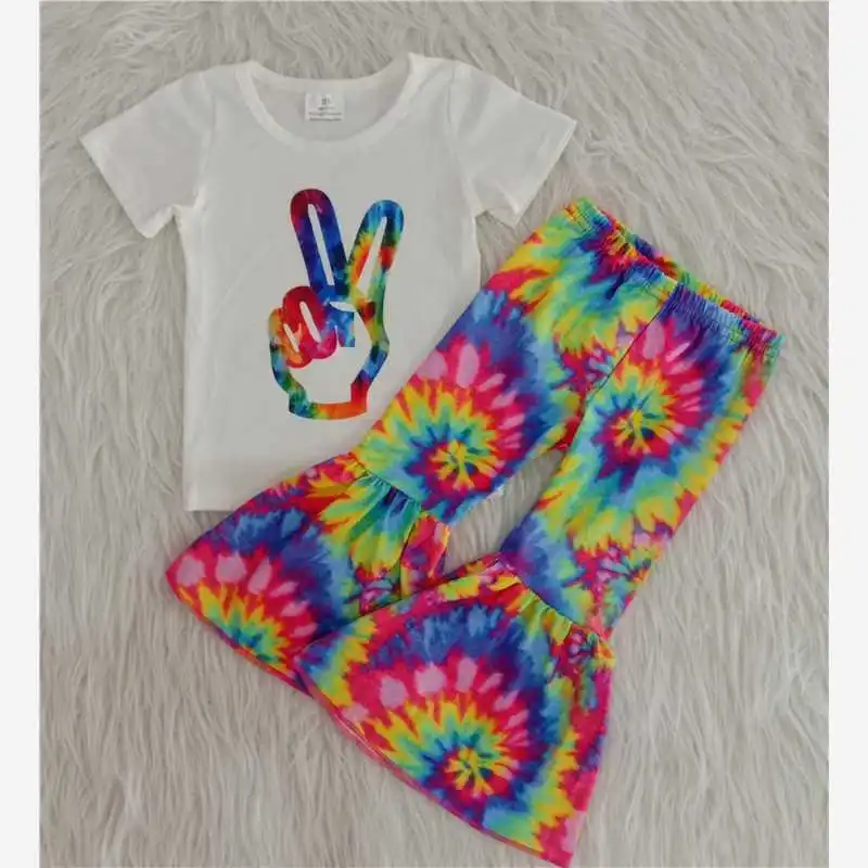 

Tie-dye finger children's short-sleeved T-shirt spring and summer children's clothing wholesale tie-dye bell bottom trousers