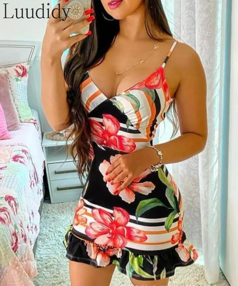 

Women Elegant Casual Summer Floral Sleeveless Floral Print Dress Vintage Mujer Ladies