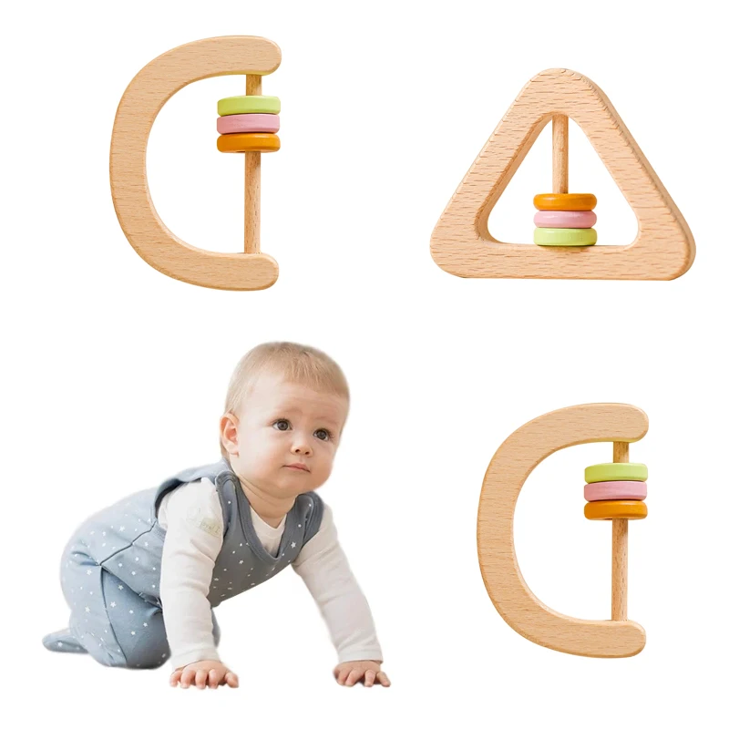 

New Baby Wooden Rattle Geometry Shape Beech Hand Teething Wooden Ring Makes A Sound Montessori Educational Toy Attract Attention