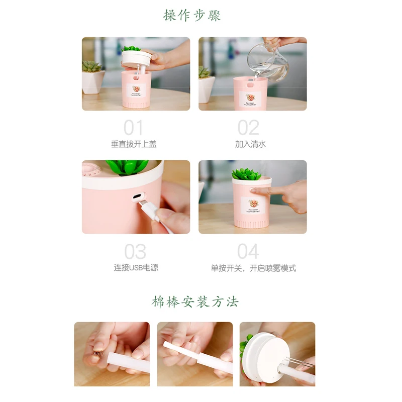 

350ML Succulent Plant Humidifier USB Mini Nano Spray Negative Ion With Colorful Night Lights Home Office Mute Air Purifier