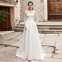 elegant wedding dresses long sleeves lace satin with pockets wedding gowns bride dress vintage vestido de novia open back custom