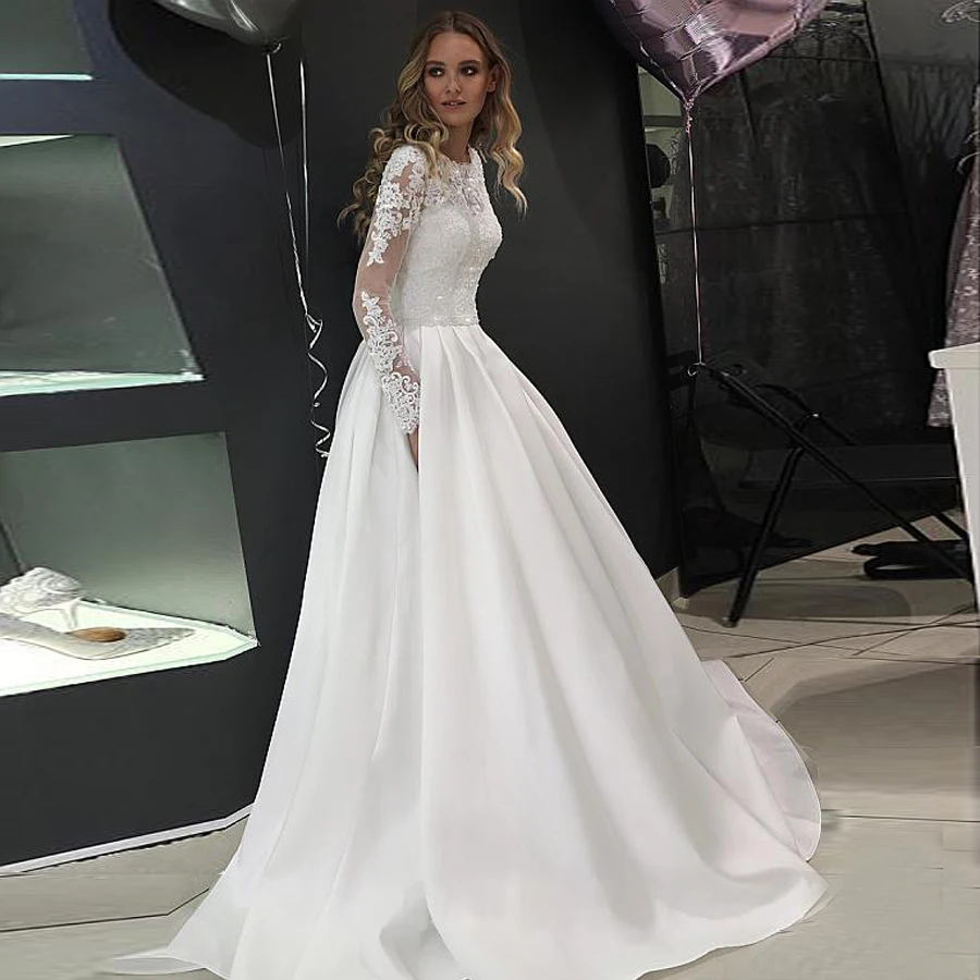 

Long Sleeve Wedding Dress 2020 Scoop Satin Appliqued A-line Bridal Gown Crystals Bridal Dress Button Wedding Gowns