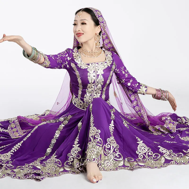 

2021 New Oriental Dance Dress For Women Long Sleeve Elegant White/Orange/Purple Saree Suit Indian Dance Clothing XS-5XL DQL6061