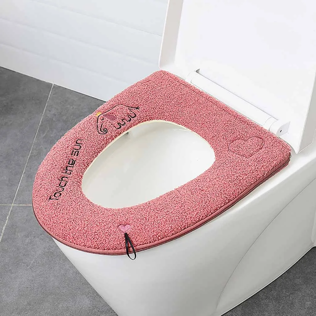 Home Bathroom Winter Plush Soft Toilet Seat Pad Cover Cute Elephant Pattern Printing Warm Toilet Seat Zipper With Handle