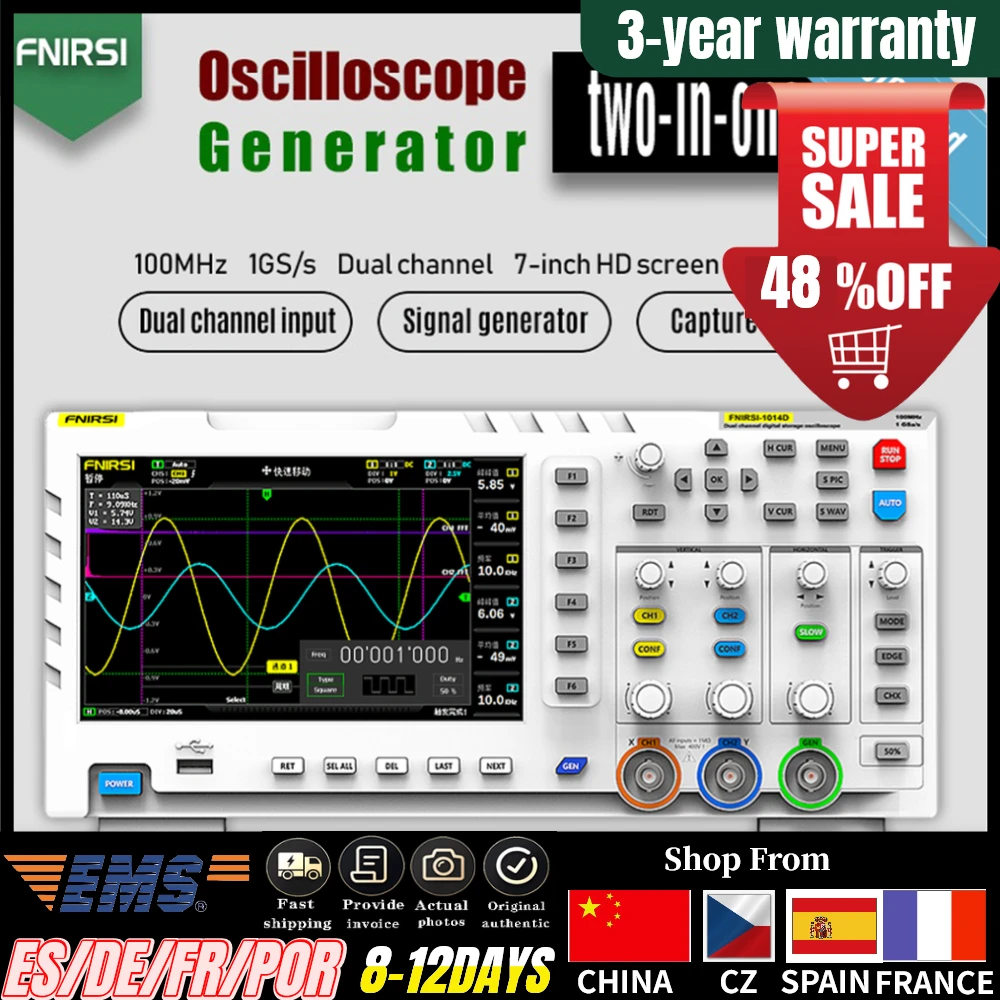 

FNIRSI 1014D Digital Oscilloscope Dual Channel Input Signal Generator Osiloscopio Digital 1GSa/s Sampling Rate 1GB Storage