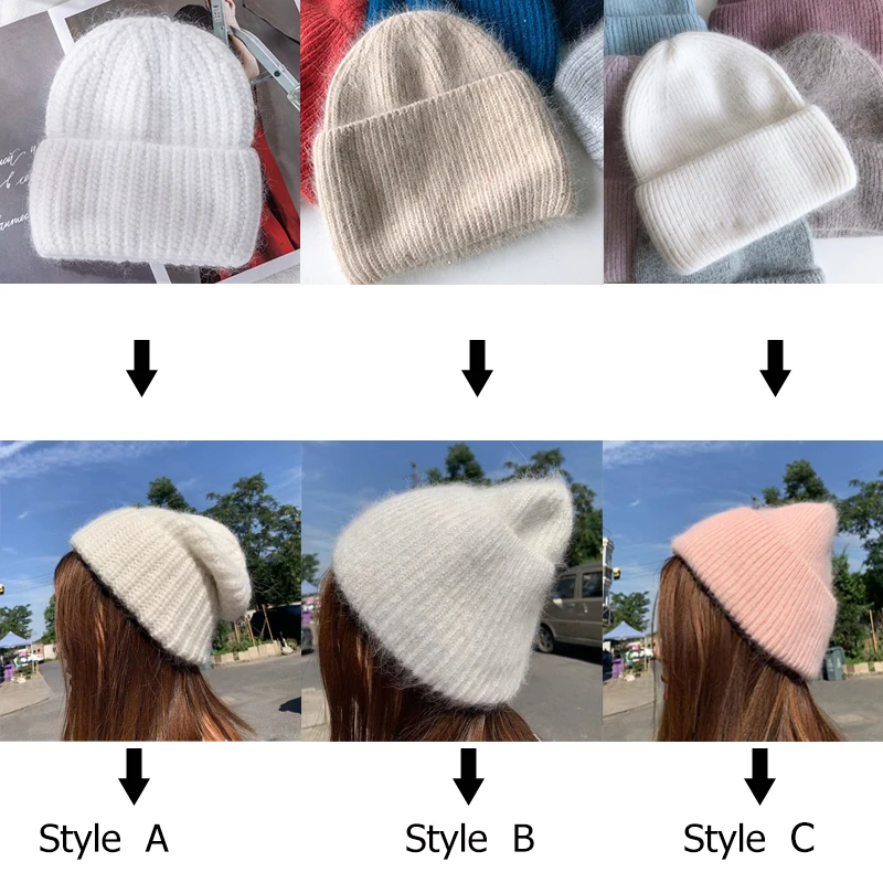 

2021 real rabbit fur winter hat for women solid color beanies Cashmere Wool Knitted Beanies Warm soft knit hat bonnet skullies
