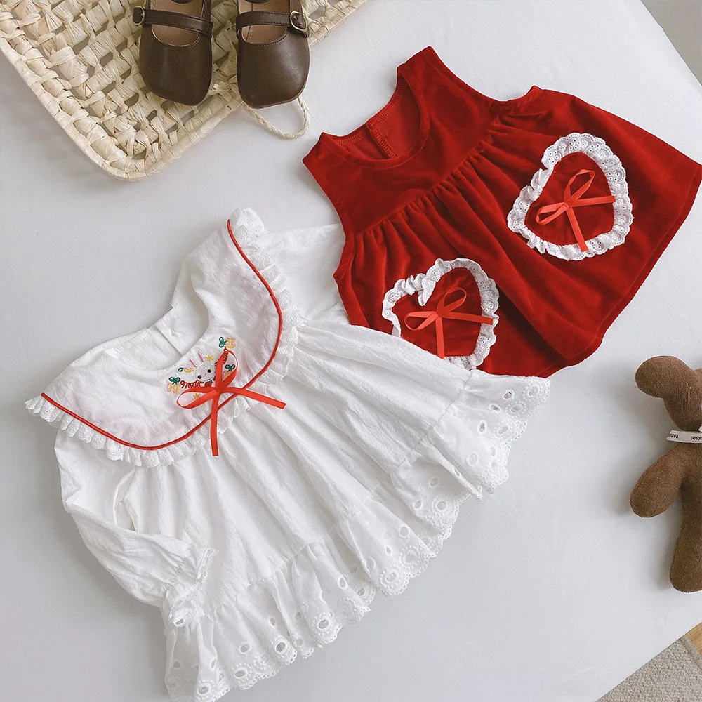 

0-3 Year Old Baby Dress 2021 Autumn New Baby Girl Lolita Style Long Sleeve Princess Dresses Red Dresses 2pcs/Set