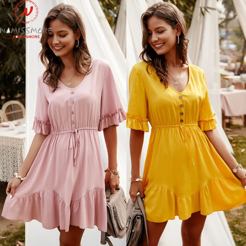 

Женское ТРАПЕЦИЕВИДНОЕ ПЛАТЬЕ на завязках, летнее однотонное приталенное мини-платье на пуговицах с оборками, V-образным вырезом, коротким ...