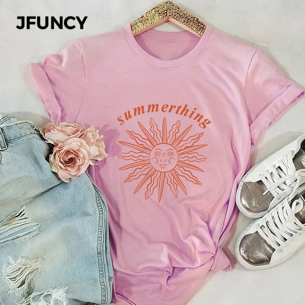 JFUNCY Sun Print Casual Woman Cotton T-shirt  Women Tops Summer Female Tee Shirt Oversize Short Sleeve Lady Tshirt