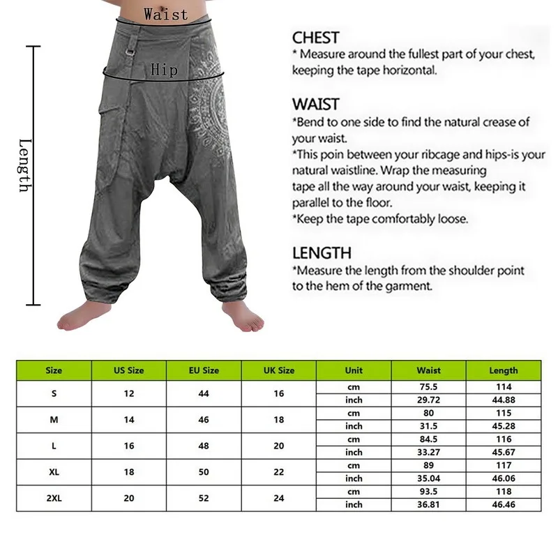 

Men's Casual Elastic Waist Baggy Trousers Long Harem Pants Boho Low Rise Drop Crotch Retro Print Loose Trouser Men Clothing 2021