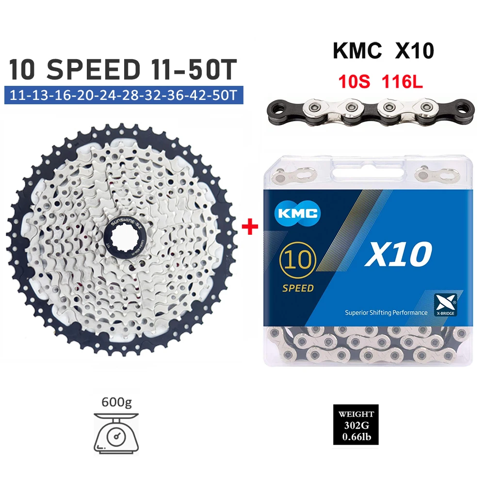 

Sunshine Road MTB Cassette 10S Set 11T-25/28/32/36/40/42/46/50T with KMC X10 Bike Chain 4601 10V Sprockets for Shimano 10 Speed