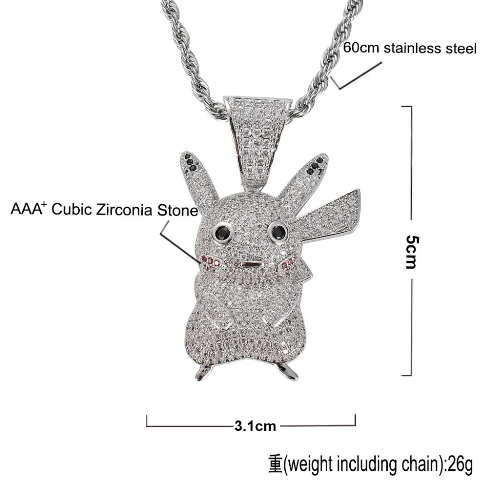 Хип хоп AAA CZ камень Bling Ice Out серебряный цвет мультфильм Пикачу кулоны ожерелья для