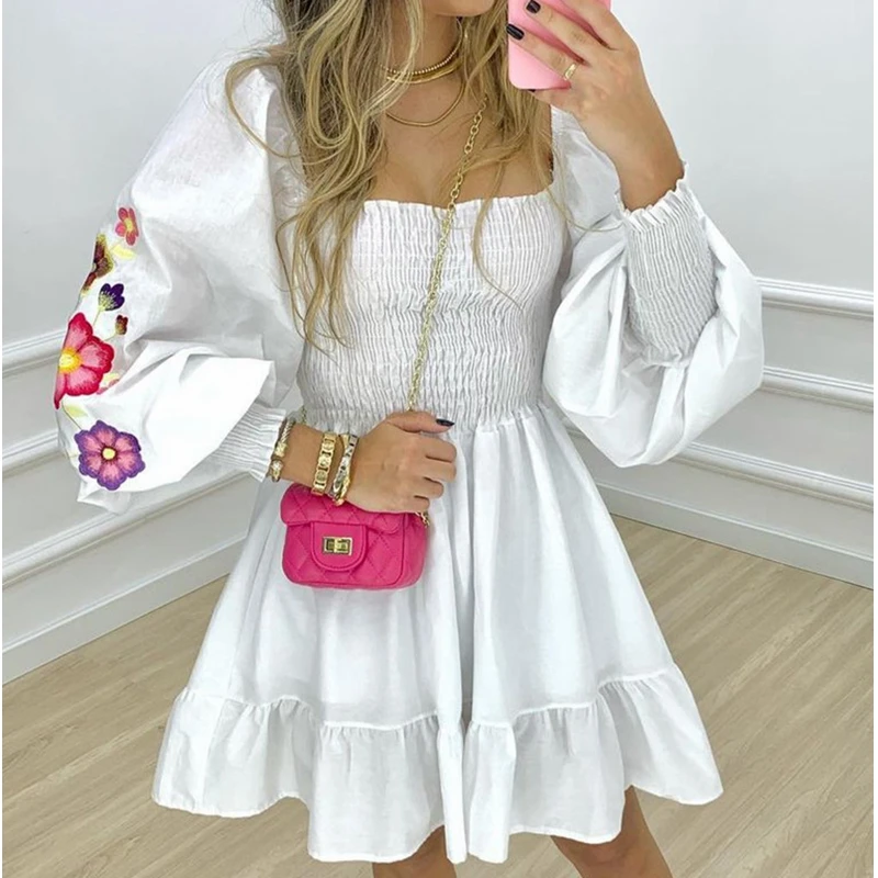 

White Dress Women Summer Solid Color Square Collar Smocking A-line Dress Sexy Clubwear Lantern Sleeve Slim Dress