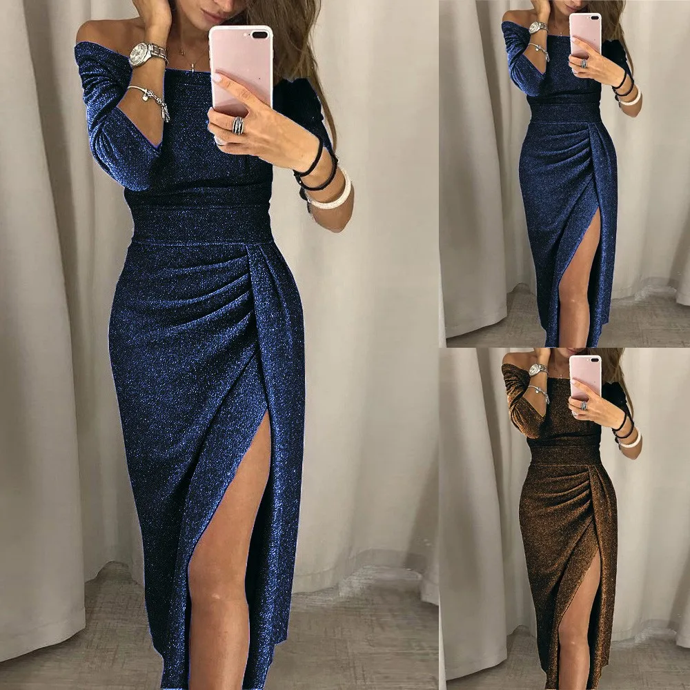 Женское платье сверкающее с открытыми плечами высоким разрезом тонкое длинное