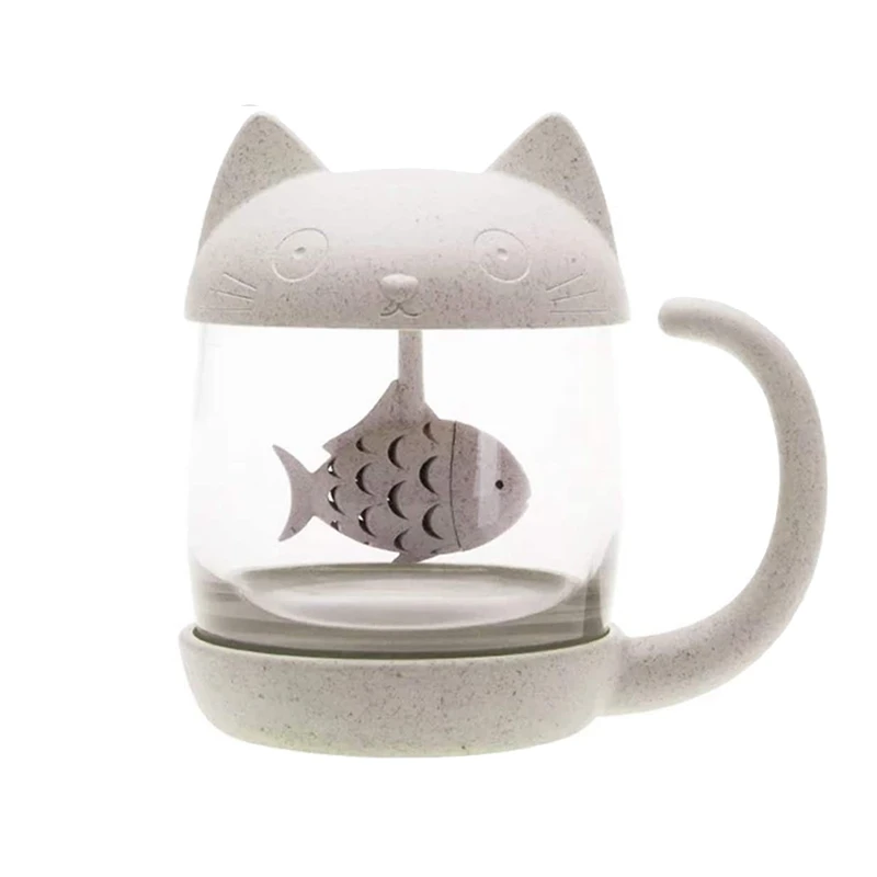 Милый Кот Стекло чашки Чай кружка с рисунком рыбы Infuser Filter 250ML(8 унций)