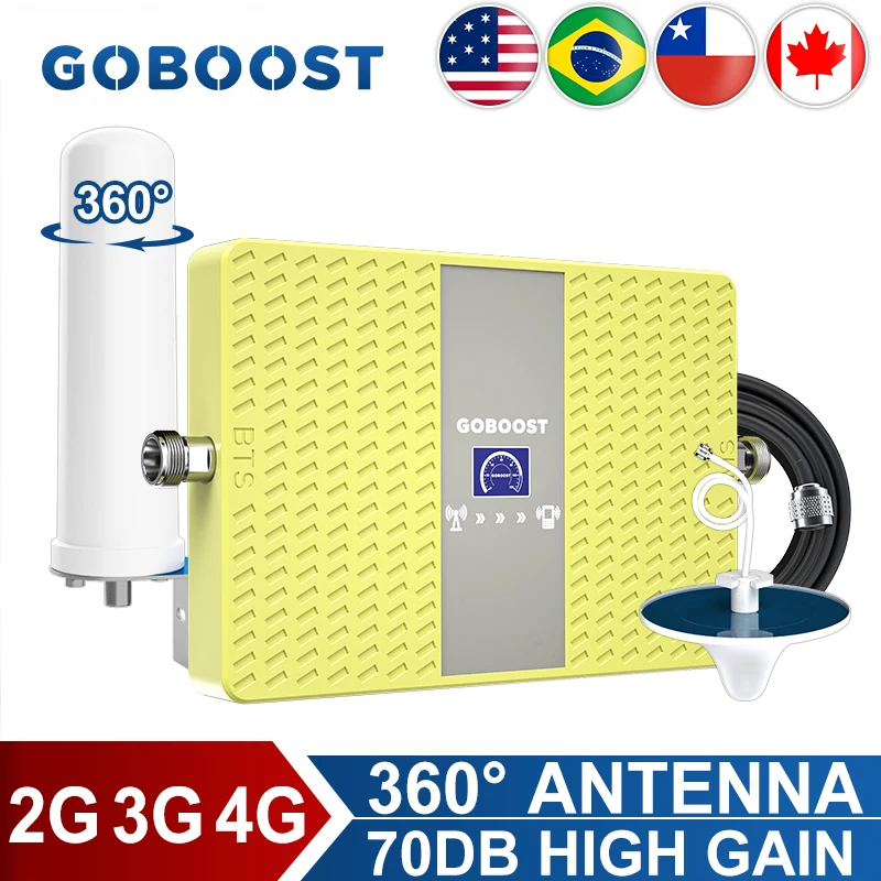 

GOBOOST 70dB High Gain Signal Booster 2G 3G 4G Cellular Amplifier 1800 1900 2100 2600 MHz Network Repeaer With 360° Antenna Kit