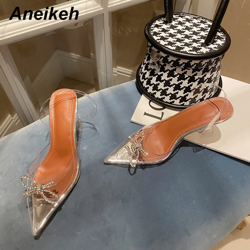 

Aneikeh Ladies Shoes Fashion PVC Transparent Crystal Butterfly-Knot Pointed Toe Shallow Pumps 2022 NEW Spike Heels Slip-On Party