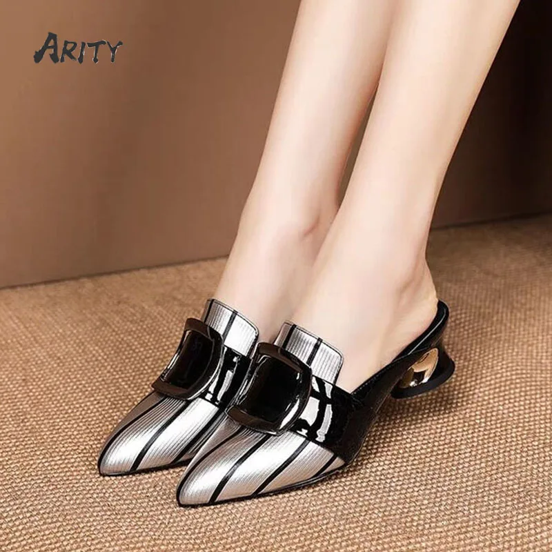 

Soft Leather Half-pack Slippers Women's 2021 Outer Wear Half Slippers Mid-heel Pointed Toe Thick Heel Color Matching Mules