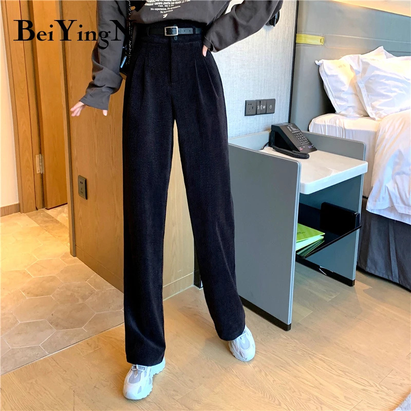 

Beiyingni Corduroy Trouser Womens Fashion Korean High Waist Sashes Casual Office Work Pants Female Street Solid Color Pant Woman